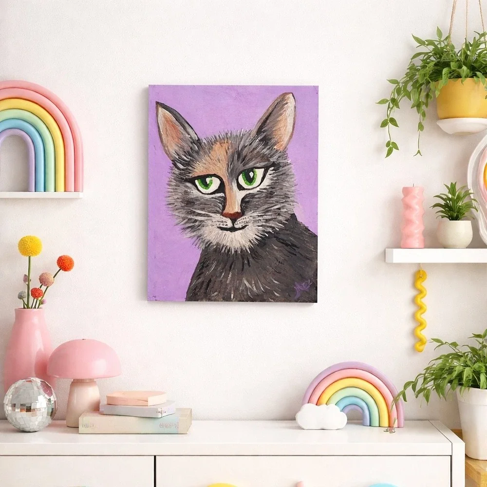 Hand Painted Whimsical Cat Canvas Board Folk Art Boho Cottagecore 16x12